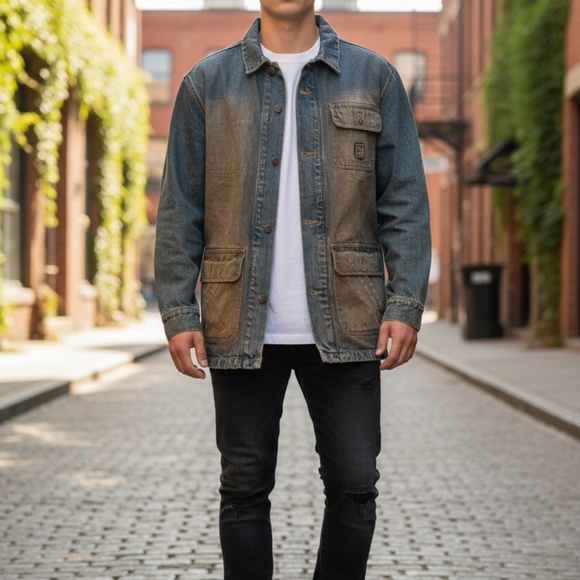 Enyce Men's Faded denim worker jacket with four front pockets. - Picture 2 of 15